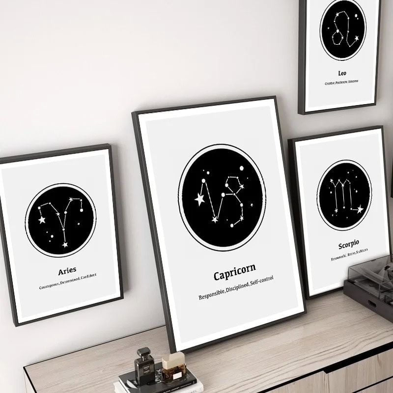Star Constellation Wall Art Set Set of four framed star constellation prints featuring Aries, Taurus, Leo, and Scorpio, perfect for science decor and educational spaces.