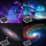 Set of four galaxy projectors displaying stunning images of the universe, including nebulae, auroras, and galaxies, perfect for educational decor and space-themed rooms.
