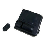 Wireless remote control and receiver set for science gadgets, featuring a compact black design with directional buttons and a small remote device.