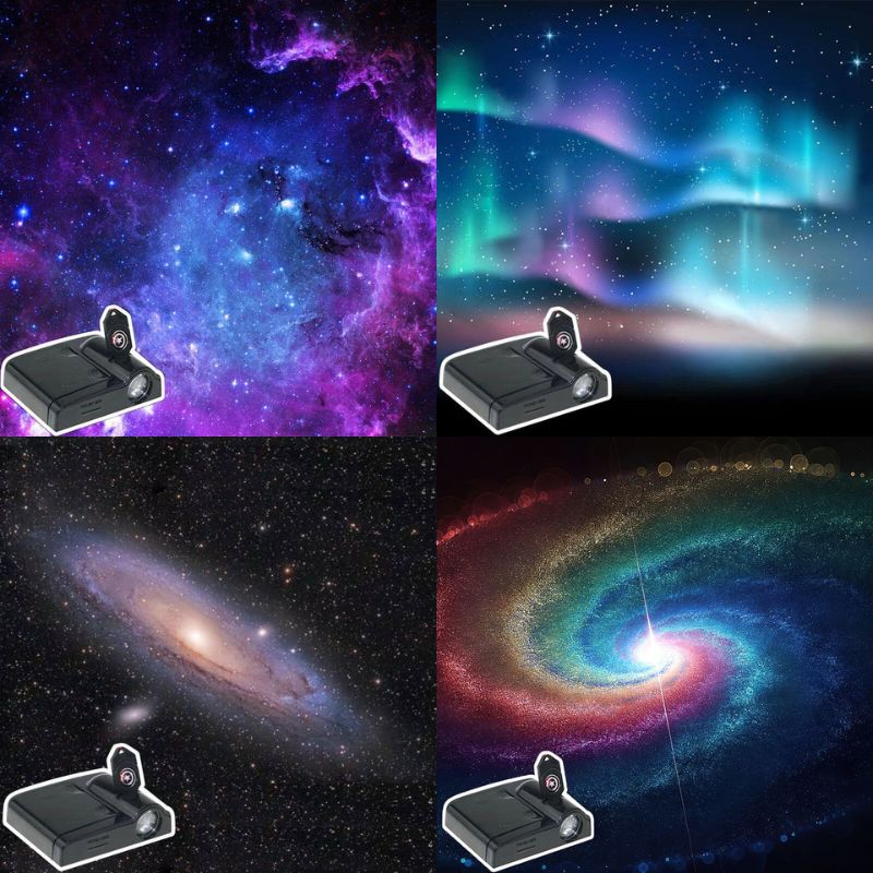 Set of four galaxy projectors displaying stunning images of the universe, including nebulae, auroras, and galaxies, perfect for educational decor and space-themed rooms.