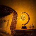 LED moon and globe desk lamp with intricate wireframe design, perfect for cozy bedroom ambiance and modern decor.