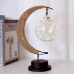 Moon and globe-shaped LED lamp with warm white lights, mounted on a black stand, perfect for science-themed decor and educational spaces.