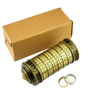 Secret code cylinder puzzle with rotating rings and alphabet letters, perfect for science decor and educational purposes.