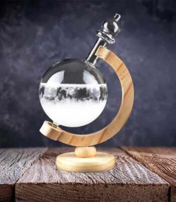 Glass flask with liquid and wooden stand for science experiments.