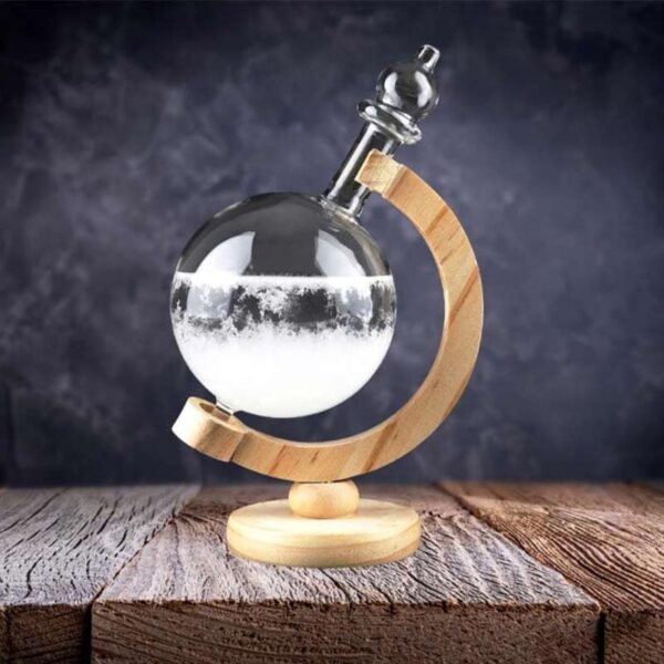 Glass flask with liquid and wooden stand for science experiments.