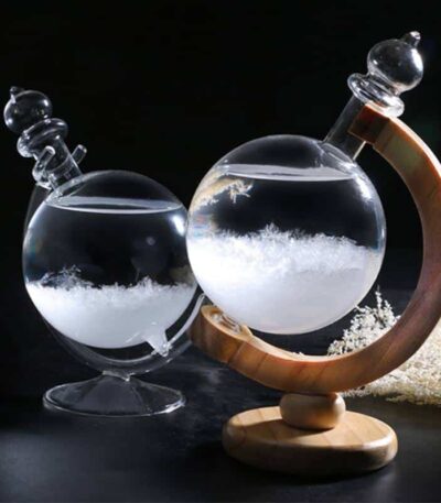 Elegant glass chemistry set with round-bottom flasks and wooden stand, perfect for educational science experiments and decorative displays.
