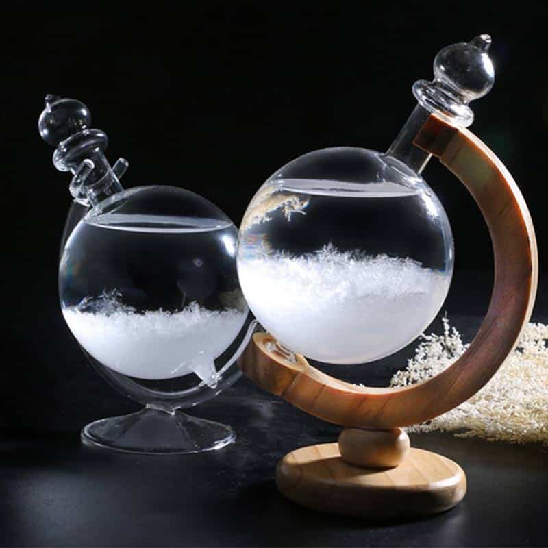Eureka Glass Chemistry Set Elegant glass chemistry set with round-bottom flasks and wooden stand, perfect for educational science experiments and decorative displays.