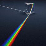 A glass cube demonstrating light dispersion with a rainbow spectrum projected onto a dark surface.
