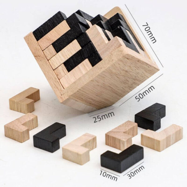 Educational wooden block puzzle with black and natural wood pieces, measuring 50mm, 25mm, and 10mm, designed for cognitive development and fun.