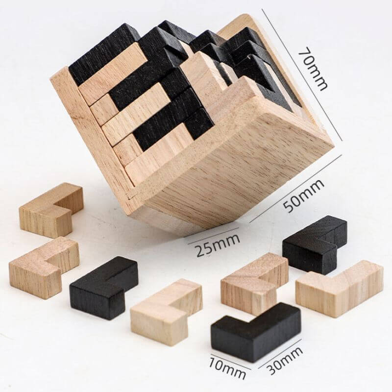 Educational wooden block puzzle with black and natural wood pieces, measuring 50mm, 25mm, and 10mm, designed for cognitive development and fun.