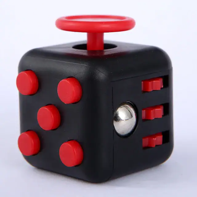 A black and red dice-shaped puzzle toy with six red buttons and a metallic ball, designed for educational and brain-teasing fun for children and adults.