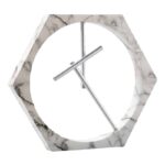 Stylish marble hexagon clock with minimalist metal hands, perfect for contemporary home decor and educational spaces.