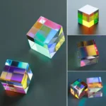 Transparent glass cube with colorful light reflections, showcasing optical effects and vibrant hues on a dark background.