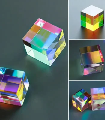 Transparent glass cube with colorful light reflections, showcasing optical effects and vibrant hues on a dark background.
