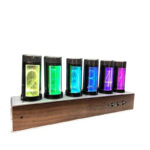 Nixie Tube Clock with Colorful LED Display on Wooden Base.