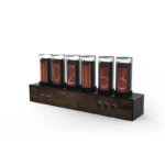 Nixie tube clock displaying the time with vintage-style glowing tubes on a wooden base. Perfect for science and tech enthusiasts, combining retro aesthetics with modern functionality.