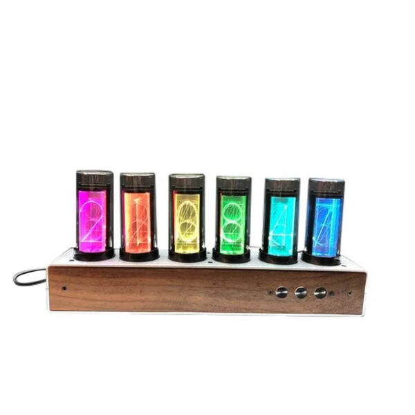 Colorful Tesla Coil Display with Neon Lights and Wooden Base.