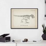Vintage-style illustration of a Tyrannosaurus Rex skeleton framed on a white wall, suitable for educational decor and science-themed room decoration.