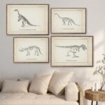 Vintage-style dinosaur skeleton art prints featuring Quetzalcoatlus, Camarasaurus, Triceratops, and Tyrannosaurus rex, perfect for educational decor or science-themed rooms.