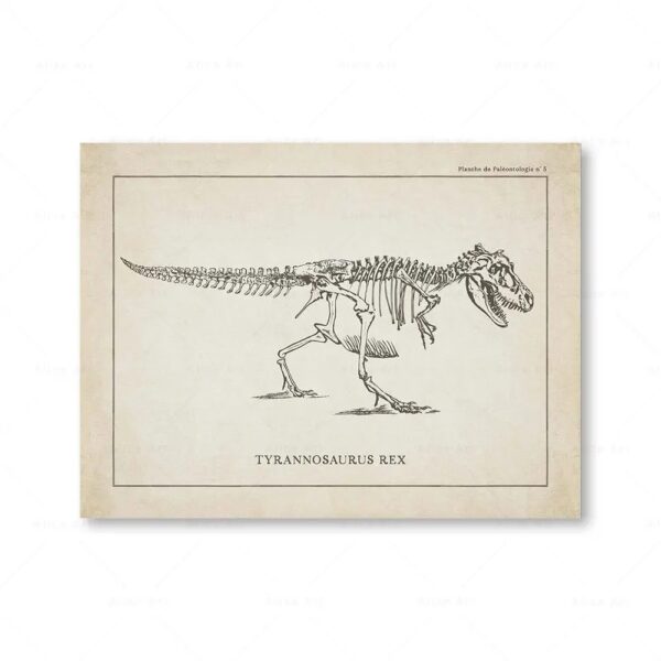 Tyrannosaurus Rex skeleton drawing from a vintage scientific plate, showcasing detailed skeletal structure of the prehistoric predator.