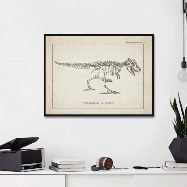 Vintage-style illustration of a Tyrannosaurus Rex skeleton framed on a white wall, suitable for educational decor and science-themed room decoration.