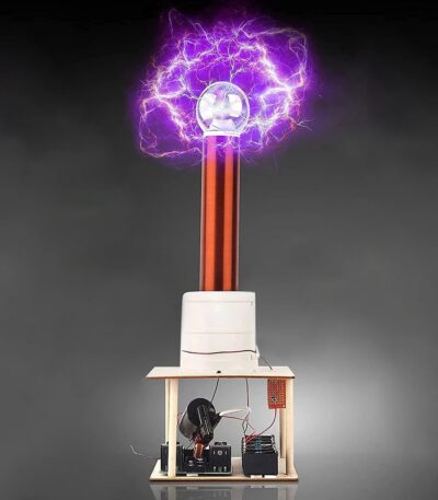 A Tesla coil generating purple electrical arcs and lightning effects, demonstrating high-voltage electrical phenomena for educational and science demonstration purposes.