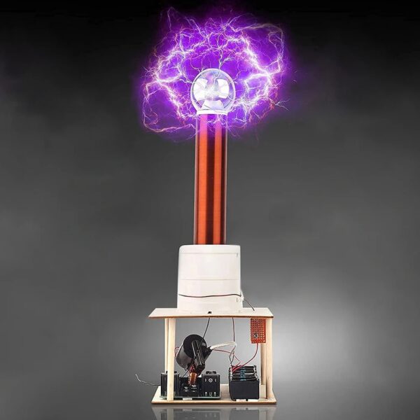 A Tesla coil generating purple electrical arcs and lightning effects, demonstrating high-voltage electrical phenomena for educational and science demonstration purposes.