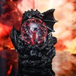 Decorative dragon-shaped clock with a fiery background, featuring detailed black dragon wings and a red, lightning-like clock face, perfect for science decor and educational displays.