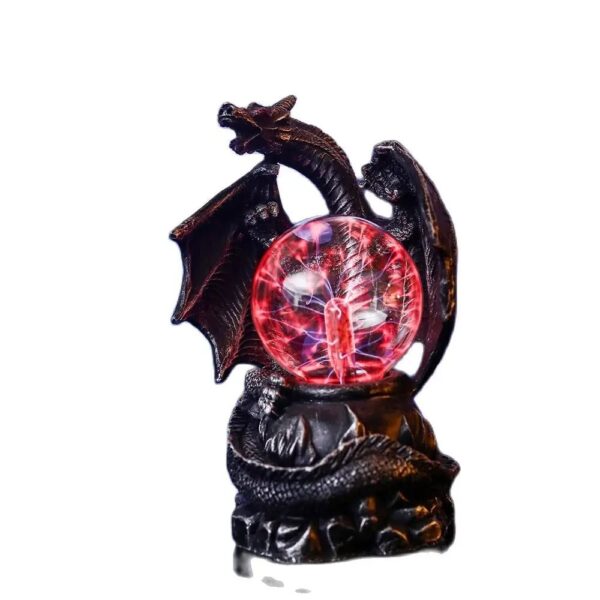 Decorative dragon-shaped lamp with a glowing red energy sphere, perfect for science-themed decor and educational displays.