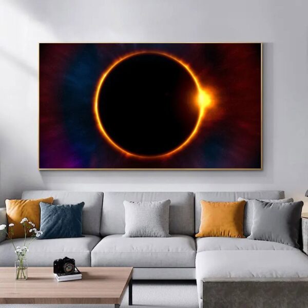Stunning solar eclipse wall art featuring a glowing ring of light around the darkened sun, perfect for science enthusiasts and modern decor.