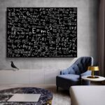 Modern black wall art featuring a collection of physics equations and formulas, perfect for science enthusiasts and educational spaces.