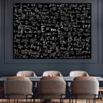 A detailed chalkboard filled with physics equations and formulas, ideal for science classrooms, educational spaces, or science-themed decor.