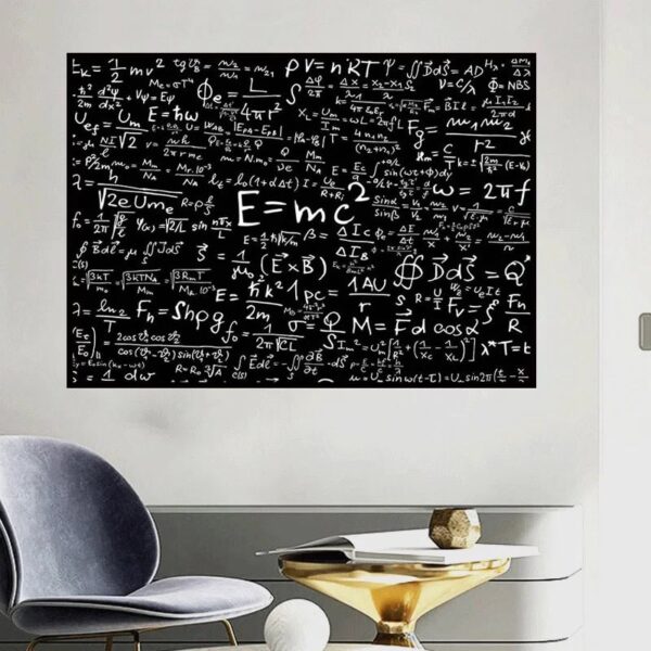 Physics equations and formulas written on a black chalkboard in a classroom setting.