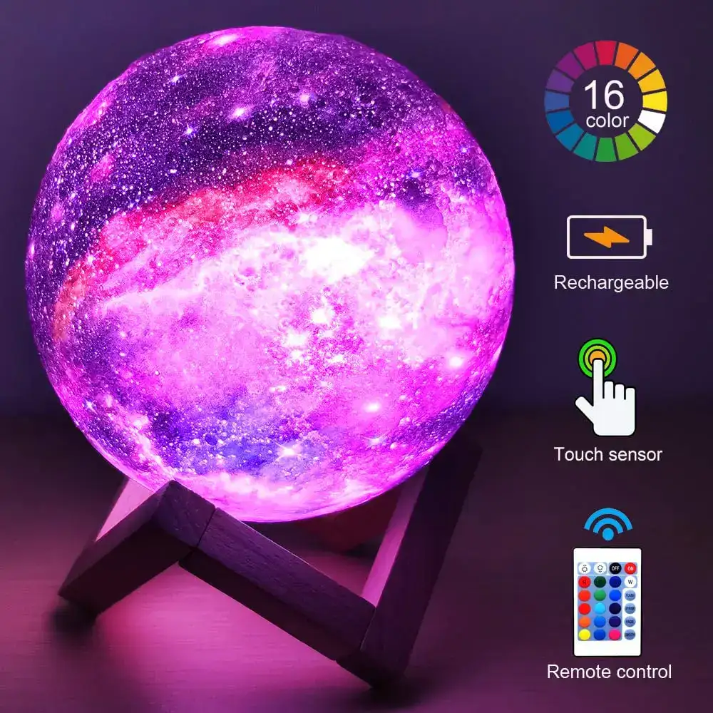 Moon lamp featuring 16 color options, touch sensor, and remote control for customizable lighting. Rechargeable design perfect for science decor and educational spaces.