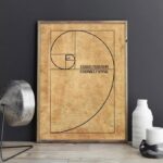 Framed Fibonacci spiral diagram on vintage-style background, showcasing the golden ratio in mathematics, perfect for science and math enthusiasts.