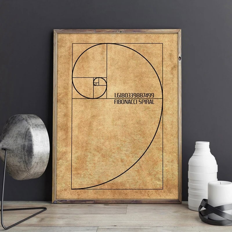 Framed Fibonacci spiral diagram on vintage-style background, showcasing the golden ratio in mathematics, perfect for science and math enthusiasts.
