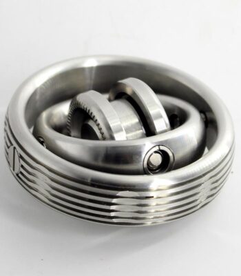 A metallic sphere gear puzzle with interlocking rings, showcasing intricate engineering and mechanical design. Perfect for science enthusiasts and educational purposes.