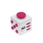 Small white cube dice with pink dots and a pink top, featuring pink and silver accents, ideal for educational and science-themed decor or toys.