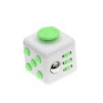 Dice-shaped educational gadget with green buttons and a metallic sensor.