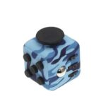 Compact Bluetooth speaker in blue camouflage pattern with multiple control buttons and a large top surface for easy handling.