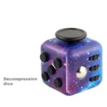 Cosmic-themed decompression dice with a galaxy print, featuring multiple buttons and a spinning top for stress relief and sensory stimulation.