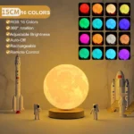 A moon-shaped lamp with 16 adjustable colors, remote control, and rechargeable feature, perfect for science-themed decor and educational purposes.