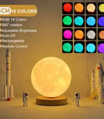 A moon-shaped lamp with 16 adjustable colors, remote control, and rechargeable feature, perfect for science-themed decor and educational purposes.