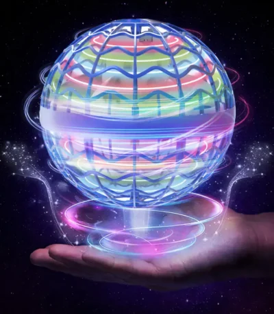 Futuristic holographic globe with colorful neon lines floating above a hand in space background.