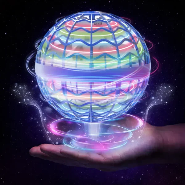 Futuristic holographic globe with colorful neon lines floating above a hand in space background.