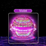 Violet neon globe with digital grid and glowing light effects, set against a starry space background, illustrating futuristic technology and digital connectivity.