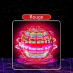 Vibrant neon globe with glowing red "Rouge" label, surrounded by colorful light rings, set against a starry black background, showcasing a modern science-inspired design.