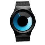 Smartwatch with a sleek black band and a unique blue and black circular display, showcasing a minimalist and futuristic look suitable for tech enthusiasts.