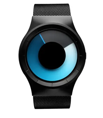 Smartwatch with a sleek black band and a unique blue and black circular display, showcasing a minimalist and futuristic look suitable for tech enthusiasts.