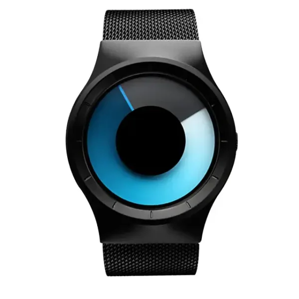 Smartwatch with a sleek black band and a unique blue and black circular display, showcasing a minimalist and futuristic look suitable for tech enthusiasts.